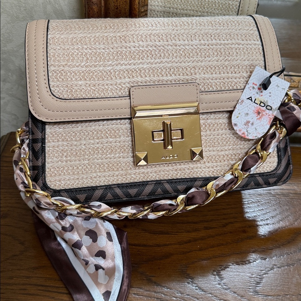 Aldo Cream and Brown Gediaa Crossbody Bag with Gold Accents. 3 different handles